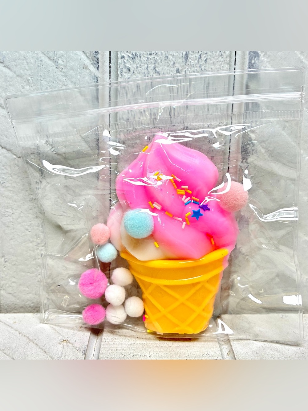 Squishy Toy Pink Ice Cream W/Sprinkles W/Colorful Pom Poms Resealable Clear Bag